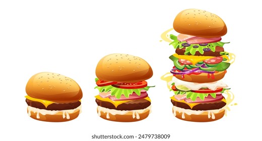 Pequeñas y grandes hamburguesas sobre fondo blanco. Vector ilustración de dibujos animados de comida rápida snack hecho de pan con carne de res, verduras frescas, sésamo, mayo y queso, Elementos de diseño de menú del restaurante