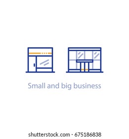 Small And Big Business Comparison, Shop And Office Building, Vector Line Icon