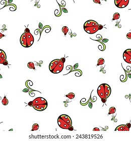 Small and big colored ladybugs and leafs on the white background