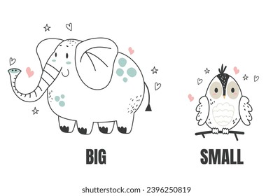 Small big different size compare cartoon animal concept. Vector flat graphic design illustration	

