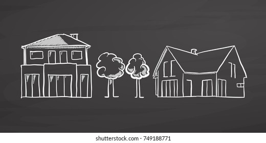 Small and big house sketches on chalkboard. Handdrawn vector sketch, clean outlines, vintage style blackboard.