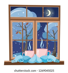 small and big pink mug wrapped in a light blue scarf and standing on the windowsill against the background of winter evening window. mugs tied together warming scarf. Flat cartoon vector illustration