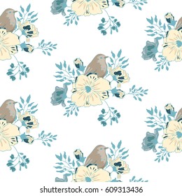  small bird with blue flowers.  wallpaper seamless  flower pattern.  Delicate floral background. blue  gold graphic print