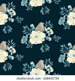  small bird with blue flowers wallpaper seamless  flower pattern  on a black background