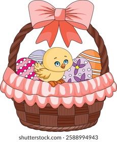 Small Bird In Easter Egg Basket Clip Art Illustration