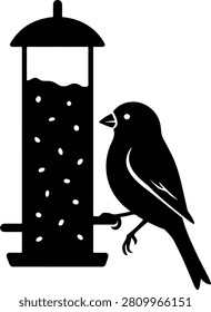 Small bird eating seeds from a hanging garden bird feeder vector illustration