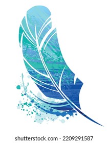 Small bird feather painted over with large strokes of blue and turquoise acrylic paint on white background. Sloppy drawing