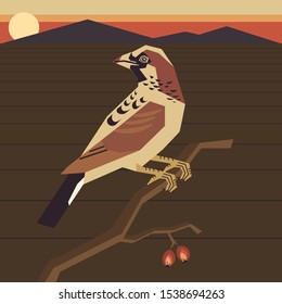 
A small bird finch sits on a branch against the background of a field, mountains and sunset, red berries hang on a branch
