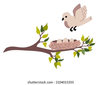 Small Bird in Flight. Nest with Eggs on a the Branch with green leaves. Vector illustration