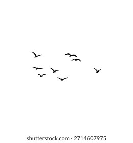 Pequeña bandada de pájaros volando juntos en el cielo, ilustración minimalista de la vida silvestre con sentimiento pacífico.
