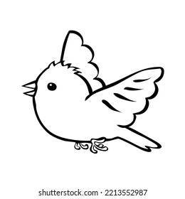 Small bird. Flying and flapping wings. Cartoon vector illustrationblack and white outline. Hand drawn sketch