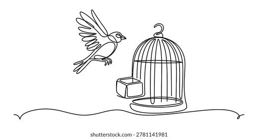 A small bird flying out of an open cage drawn in a simple continuous single line art style representing freedom and liberation for animal rights Vector, illustration