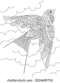 Small Bird Flying Through The Skies With Clouds Colorless Line Drawing. Tiny Swallow Flies Up Into The Cloud Coloring Book Page.