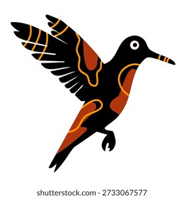 small bird hovering with geometric orange shapes and dark feathers flight pose