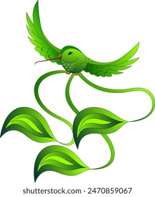 A small bird. A hummingbird, with green plumage and a long tail.