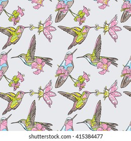 Small bird. Hummingbirds. Floral pattern. Vector seamless pattern (background).