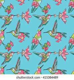 Small bird. Hummingbirds. Floral pattern. Vector seamless pattern (background).