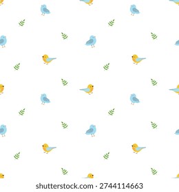 Small Bird and Leaves Seamless Pattern . Tiny Bird Seamless, Gentle Songbird Tile for Fabric. Mini Birds Background