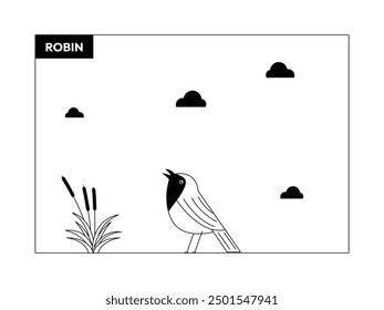 Small bird with the name robin, black and white, outline, vector illustration.