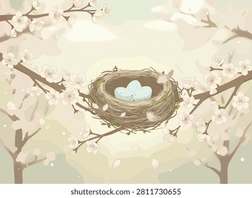 Small bird nest with three light blue spotted eggs rests on tree branches surrounded by delicate white cherry blossoms.