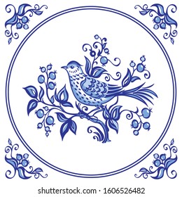 A small bird on a bush of fabulous berries, in a patterned frame, illustration for painting dishes, postcards and other designs.
