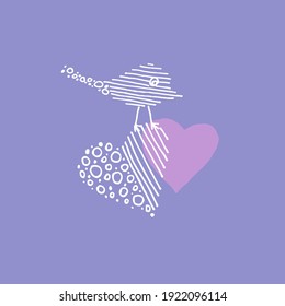 A small bird on the heart on a soft purple background. Perfect for websites, business cards, covers, packaging, flyers, banners or backgrounds. For Valentine's Day or as a spring design. EPS 10.