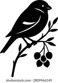 Small bird perched on a berry branch simple vector illustration