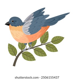 Small bird perched on a branch with green leaves, showing the beauty and tranquility of nature. The bird has a soft color palette, including shades of blue, orange, and gray.