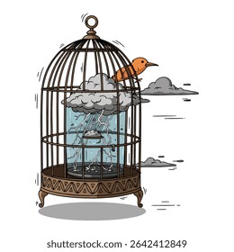 A small bird perches atop a vintage birdcage containing a stormy cloud with lightning.  The scene is drawn in a whimsical, hand-drawn style.