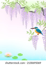 A small bird perching on a branch of a wisteria tree on a spring day