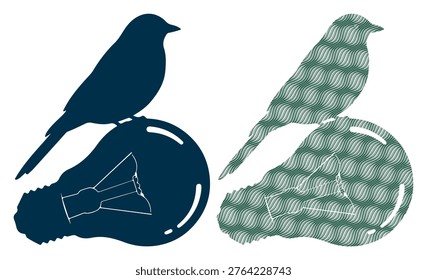 Small bird resting on light bulb shape, solid and patterned versions, creative visual art