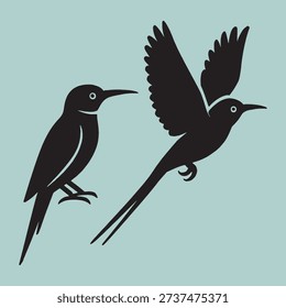 Small bird silhouettes with long beaks depicting green bee-eater perched on branch and flying with rapid wing beats for garden and wildlife illustrations