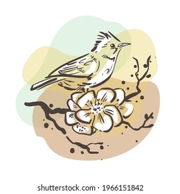 A small bird sits on a branch with flowers. Sketchy art on a background of colored spots. Drawing in Japanese style.