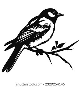 A small bird sits on a branch. Monochrome vector drawing isolated on white background