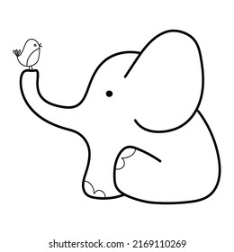 A small bird sits on the trunk of an elephant. Contour monochrome drawing. Vector logo, emblem or symbol. Postcard, poster, children's room decoration, kids tee print.