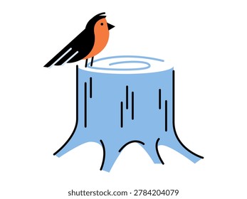 Small bird sitting on a blue tree stump vector illustration. Nature conservation, forest ecology, spring season, wildlife protection, environment, garden life. Songbird perched on a wooden log