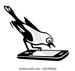 Small bird sitting on mobile phone.  Black and gray flat vector illustration isolated on white background