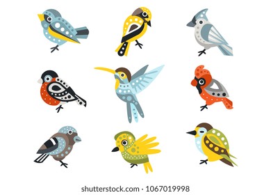 Small Bird Species, Sparrows And Hummingbirds Set Of Decorative Artistic Design Wild Animals Vector Illustrations