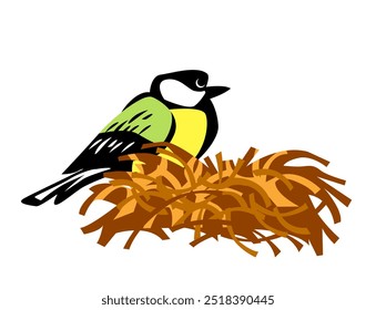Small bird. A tit is sitting on its nest. Isolated image. Vector image for prints, poster and illustrations.