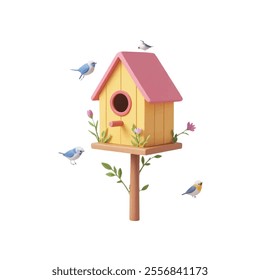  A small birdhouse is adorned with a pink roof and yellow walls. The birdhouse stands on a brown wooden pole, adorned with green leaves and pink flowers. Four birds are perched on the top of the birdh