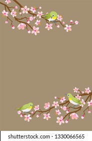 Small birds perch on cherry blossom branch -Zosterops japonicas, Vertical layout