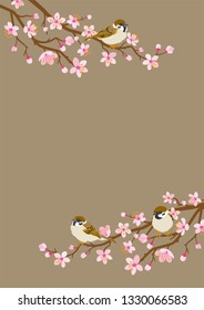 Small birds perch on cherry blossom branch -House Sparrow, Vertical layout