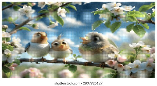 Small birds perching on tree branch with white flowers against bright blue sky background in digital pixel art style graphic illustration for creative design.