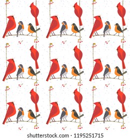 Small birds seamless pattern. Red Northern Cardinal, robin cute cartoon. Winter birds of city garden backyard. Wild animal sign. Textile print wrapping, wallpaper banner vector background illustration