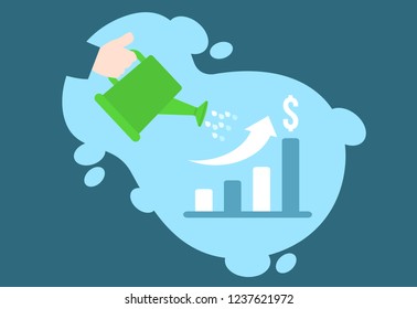 Small Biz concept, hand watering an abstract business chart making it grow, vector illustration