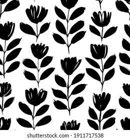 Small black brush flower vector seamless pattern. Hand drawn abstract botanical ink illustration. Chamomile or daisy branches painted by brush. Doodles for fabric, wrapping paper, wallpaper