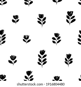 Small black brush flower vector seamless pattern. Hand drawn abstract botanical ink illustration. Chamomile or daisy branches painted by brush. Doodles for fabric, wrapping paper, wallpaper