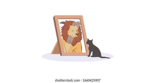 Small black cat looking herself at mirror as huge fierce lion vector graphic illustration. Domestic cartoon kitty animal pretends to be wild beast with big maned isolated on white background