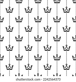 Small black contour linear crowns and vertical dotted lines isolated on white background. Cute monochrome royal seamless pattern. Vector simple flat graphic illustration. Texture.