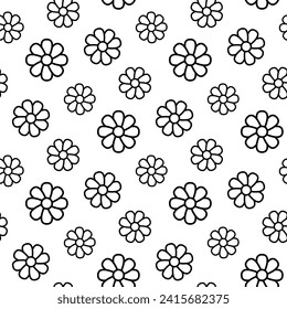 Small black contour linear flowers isolated on a white background. Cute monochrome floral seamless pattern. Vector simple flat graphic illustration. Texture.